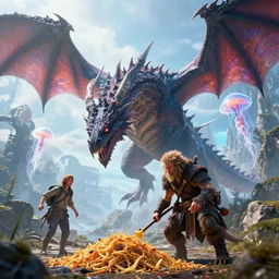 by par olofsson and tristan eaton, visually stunning, cinematic, ultra realistic, hyper realism, 1 2 k, epic, octane render, unreal engine, vfx, maya, into the uncertain divine : crisp and bright and magical and strange, dragon fodder : unexpected windfall, briarbridge tracker : gnoll hunter, polymorph : jellyfish