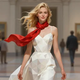 museum curator, light gold hair, splendid white polygonal designer dress with triangle patterns, red silk scarf, body portrait, slight smile, windy, digital painting, digital painting, elegant, masterpiece, trending on artstation, concept art, sharp focus, illustration, art by wlop and artgerm and james jean and miho hirano
