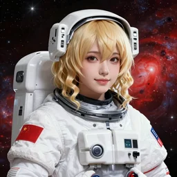 highly detailed portrait of a hopeful pretty astronaut lady with a wavy blonde hair, by Junji Ito, 4k resolution, nier:automata inspired, bravely default inspired, vibrant but dreary but upflifting red, black and white color scheme!!! ((Space nebula background))