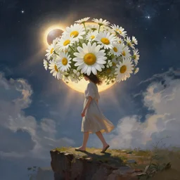 huge white daisies blooming crown on head, girl walking on cliff, surreal photography, solar eclipse, stars, dramatic light, impressionist painting, clouds, digital painting, artstation, james gilleard, liam wong, jeremy mann, simon stalenhag