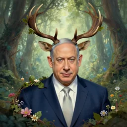 portrait of benjamin netanyahu as a magical forest creature, antlers, branches, leaves, flowers, spirit, by brian froud