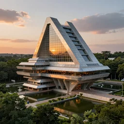 a stunningly detailed building designed by Frank Lloyd Wright, surrounded by lush green forest, ponds of water, stunning volumetric lighting, sunset, metal, concrete, glass, stunning skies, trending on Artstation, 8k, photorealistic, hyper detailed, unreal engine 5, Rhinoceros 3D, IMAX quality, cinematic, epic lighting, in the style of Greg Rutkowski