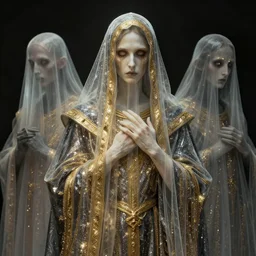 highly detailed 8 k nekro dark fantasitc veiled medium shot portrait character design of catholic gothic transparent ghost, bastien lecouffe - deharme, peter gric, artstation, maximalist, masterpiece, glittering, gold, silver, ivory, hyperreal