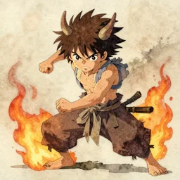 professional still frame cinematic close - up shot from appealing naturalistic young scrappy fire warrior thief satyr in action, representational earth tones, stunning clarity experimental cut paper mixed media blotchy character shape design by masaaki yuasa, pleasing palette watercolor masterpiece