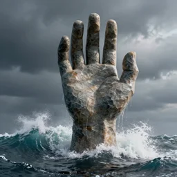 massive stone hand rising from the waves with water dripping down, artstation