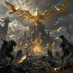 ultrawide shot of hell landscape, golden birds, obsidian creatures, postapocalyptic, beksinski, concept art, style by anato finnstark