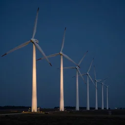 A row of giant windmills in a field at midnight, octane render, volumetric lighting, 4K, cinematic