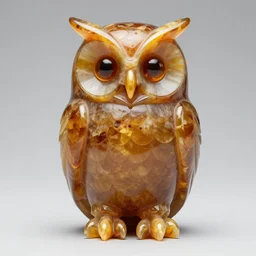 symmetrical detailed sculpture of an owl, made of Amber
