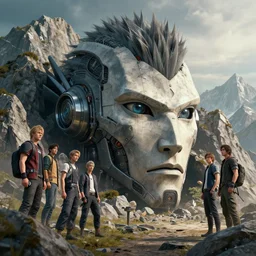 a detailed portrait of a giant robotic head buried half way in the mountains by Greg Rutkowski, Sung Choi, Mitchell Mohrhauser, Maciej Kuciara, Johnson Ting, Maxim Verehin, Peter Konig, final fantasy, Marco lense , 8k photorealistic, cinematic lighting, HD, high details, atmospheric , trending on artstation