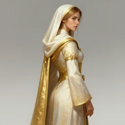 Female cleric, golden-white robes, fantasy, detailed face!, derriere, looking from side, artstationHD, octane, by artgerm and wlop