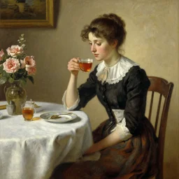 a girl sitting on a dinner having tea, thomas cole style