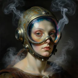 a baroque neoclassicist close - up portrait of an alien being wearing an iridescent reflective retrofuturistic lovecraftian cyberpunk pilot visor. white smoke. head, face and shoulders, foggy black background. renaissance portrait painting. sci - fi retrofuture. highly detailed science fiction painting by norman rockwell, frank frazetta, syd mead and moebius. rich colors, high contrast, gloomy atmosphere, dark background. trending on artstation.