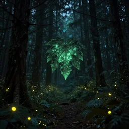 Mystical creepy dark glowing leaf forest full of wonders and magic fireflies, scary pines, fireflies glow in the dark, magical atmosphere, trending on artstation, 30mm, by Noah Bradley