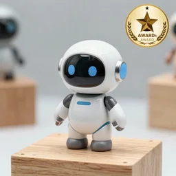 cute futuristic robot on a wooden display, sleek, unconventional design, 33mm, award winning photo