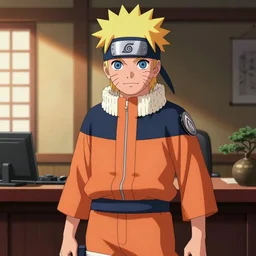 a marvel comic book cover without text of Naruto in his office as hokage.