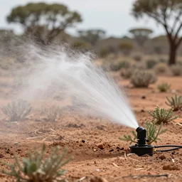 electrostatic fog condensing system, irrigating plants in the australian desert, natural light, high quality photograph, depth of field, simple composition