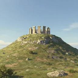 concept art of a small, high mediterranean mesa with a stone henge at the top of it seen from far away, art station front page, digital art, beautiful day
