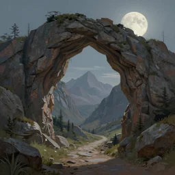 beautiful matte painting of fantasy arch with path mountainous landscape in the background under a full moon by brian kesinger and thunder brush, artstation