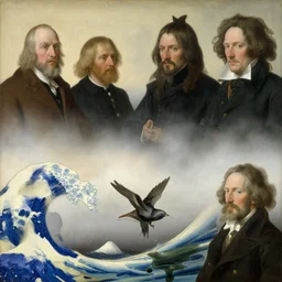 bird in an oil spill with fog. painting by jan van eyck, audubon, thomas cole, caspar david friedrich, moebius, hokusai, walton ford