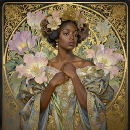 queen, a lone african woman, flowers, dark pastel color scheme, jugendstil background, gold filigree, by karol bak, by emil melmoth, by daniel gerhartz, intricate, highly detailed, digital painting, artstation, concept art, smooth, sharp focus, illustration
