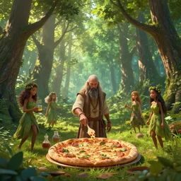 beautiful digital fantasy illustration of a pizza shaman!, the trees of a green woodlands glistens as the morning sun touches its leaves with her gentle rays. dryads of various ages walk through the forest, collecting to make into potions by alena aenami and arthur adams, octane render, detail texture, unreal engine, 8 k