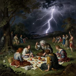 a detailed illustration of a god ruining a picnic in the park, nightmare in the park, small crowd of people, calamity, dark storms with lightning, 8 k, in a baroque style