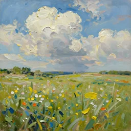 oil paint impasto reliefs summer fields, super realistic, influenced by constables cloud studies, painted with thick expressive paint and cumulus clouds, some splattered paint