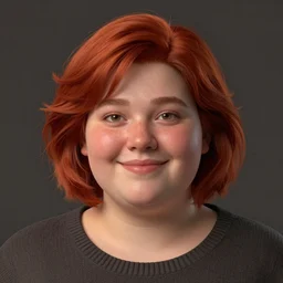portrait of happy short and plump 5 0 - year - old woman with red hair and, kind face, short hair, wearing in sweater, hyper realistic face, beautiful eyes, character art, art by mark brooks, hyperdetailed, cryengine, trending on artstation, digital art