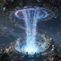 the machine universe encounters a living cosmos inside an asymmetric orthogonal non - euclidean upside down inside out world with an infinite cosmic spiral waterfall of living information, inspired by android jones and blake foster, hyperrealistic, digital art, concept art, rendered in cinema 4 d, cryengine 4 k