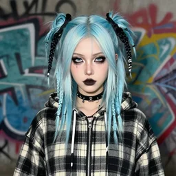 highly detailed portrait of a sewer punk lady, tartan hoody, ringlet hair by atey ghailan, by greg rutkowski, by greg tocchini, by james gilleard, by joe fenton, by kaethe butcher, gradient light blue, black, cream and white color scheme, grunge aesthetic!!! ( ( graffiti tag wall background ) )