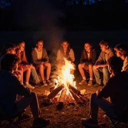 group of teenagers sitting around a campfire, realistic, night