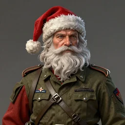 Hyperdetailed masterpiece concept art of a half body portrait of a santa claus as a veteran soldier, hyperdetailed concept art by Ross Tran, high quality DnD illustration, trending on ArtStation