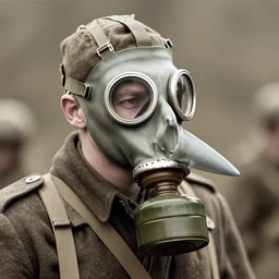 a man at distance wearing pointy beak-like gas mask, ww1 film photo, grainy, high detail, high resolution
