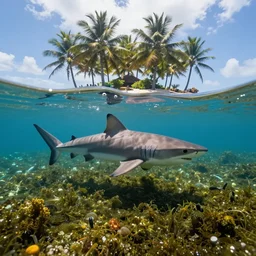 sharks swim under the island with palm trees over algae