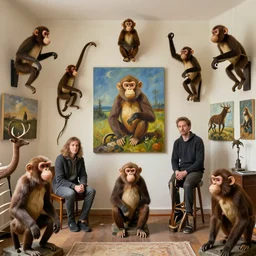 room full of taxidermy monkeys painting by artgerm, jeremy lipkin and michael garmash and rob rey
