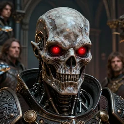 medieval giger closeup face portrait of a demonic t - 8 0 0 terminator wearing armour with red glowing eyes, nicoletta ceccoli, mark ryden, lostfish, hyung tae, frank frazetta, depth of field, detailed and intricate gothic environment, 8 k resolution, hyperrealistic, octane render