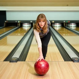 jayne mansfield in a bowling alley with a perspective view of bowling pins at the end of the lane, jayne mansfield about to roll a large red bowling ball down a bowling land towards bowling pins, jayne mansfield holding a large red bowling ball in a provocative pose, by francine van hove