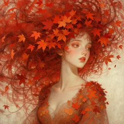 girl with with hair becoming autumn red leaves, intricate, dreamy, digital painting, artstation, concept arti, unreal engine 5, 8 k, art by artgerm and greg rutkowski and alphonse mucha
