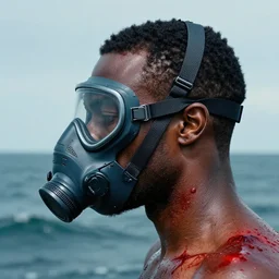 side profile of a black man :: blood :: background sea :: intricate details :: futuristic oxygen mask :: 8k :: simon stalenhag and Sandra Chevrier