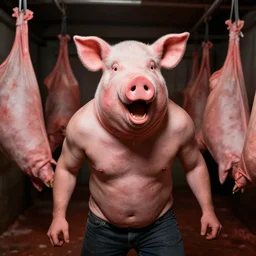 creppy 2 0 0 3 photo of a pig masked man screaming in a dark red slaughterhouse