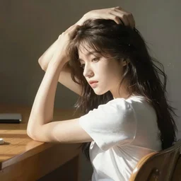 girl with elbow on a desk and hands draging back hair on the head sitting on a chair