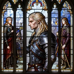 side - view portrait of geralt of rivia, in the style of 1 5 th century stained glass window, five panels, masterful