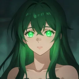a woman with dark green hair and glowing green eyes, anime, artstation, trending on artstation