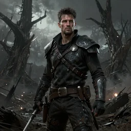 A grimdark comic book style portrait painting of Mel Gibson as a post apocalyptic warrior survivalist in a atmospheric dark bombarded landscape with large dead trees, unreal 5, DAZ, hyperrealistic, octane render, RPG portrait, ambient light, dynamic lighting