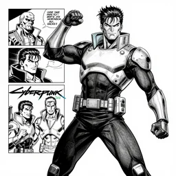 senator amstrong from metal gear rising, doing a heroic pose, a page from cyberpunk 2 0 2 0, style of paolo parente, style of mike jackson, adam smasher, johnny silverhand, 1 9 9 0 s comic book style, white background, ink drawing, black and white