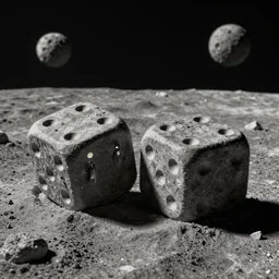 a massive pair of dice, found on the surface of the moon, with martians living inside., gloomy, sparse, detailed, intriguing