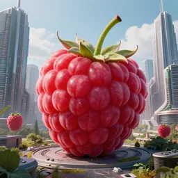 Art of Giant raspberry in a dystopian city