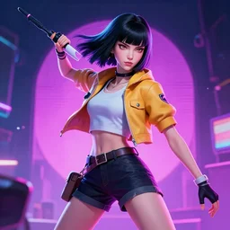 a pale skinny white young girl, black hair, the hime cut, 1 8, k - pop fashion, apex legends character, digital illustration portrait design, by android jones and greg rutkowski, retrowave color scheme, detailed, cinematic lighting, wide angle action dynamic portrait