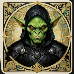 head-on symmetrical centered painted portrait, D&D green goblin assassin, black leather armour, art nouveau, tarot card style, fantasy, intricate, elegant, highly detailed, smooth, sharp focus, illustration, artstation, in the style of Artgerm and Anna Podedworna and Alex Ross and Mucha