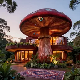 award winning exterior of an all black psychedelic modern ecopunk frank lloyd wright house mansion shaped like a mushroom made entirely of redwood during sunset with soft lamp light, lots of plants and stained glass ceilings and persian rugs